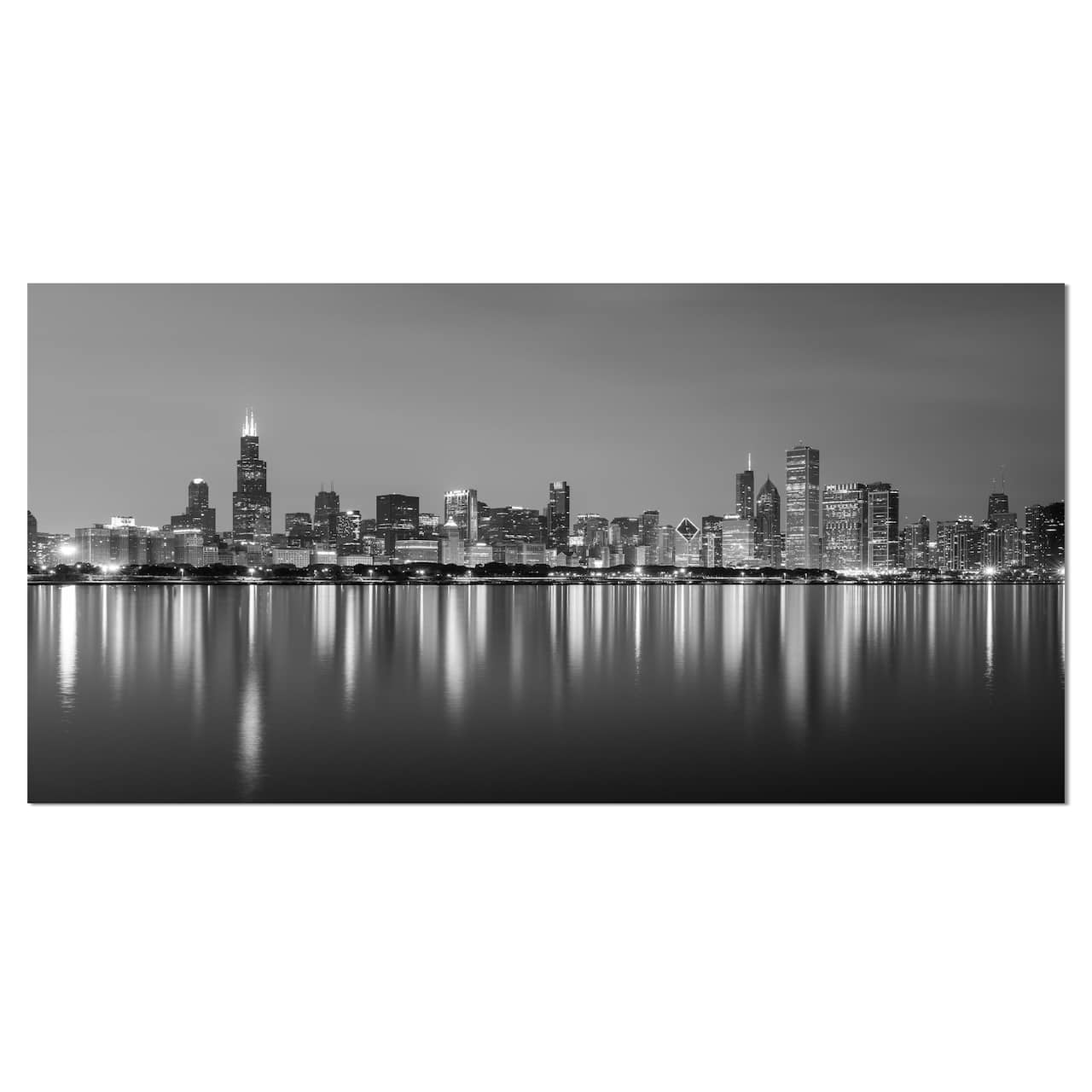 Designart - Chicago Skyline at Night Black and White - Cityscape Canvas Print